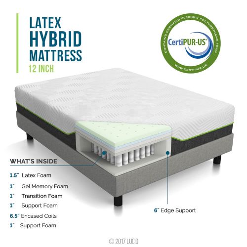  LUCID L300 Adjustable Bed Basewith LUCID 12 Inch Latex Hybrid Mattress-Split King