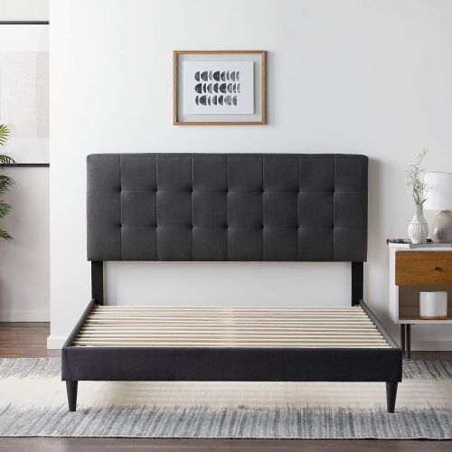  [아마존 핫딜] LUCID LUQQCH01UB Upholstered Bed withSquare TuftedHeadboard-Linen Inspired Fabric Sturdy Wood Build No Box Spring Required Platform, Queen, Charcoal