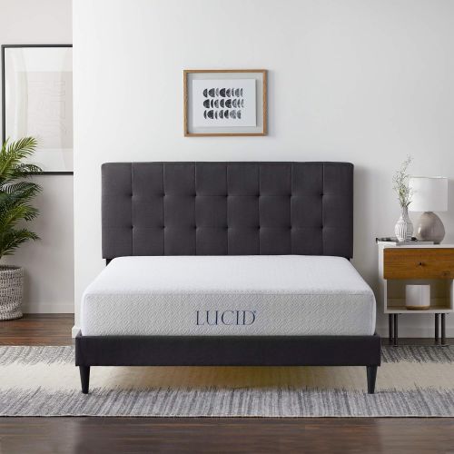  [아마존 핫딜] LUCID LUQQCH01UB Upholstered Bed withSquare TuftedHeadboard-Linen Inspired Fabric Sturdy Wood Build No Box Spring Required Platform, Queen, Charcoal