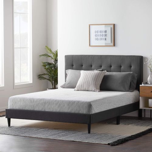  [아마존 핫딜] LUCID LUQQCH01UB Upholstered Bed withSquare TuftedHeadboard-Linen Inspired Fabric Sturdy Wood Build No Box Spring Required Platform, Queen, Charcoal