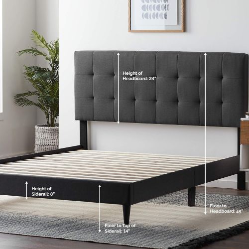  [아마존 핫딜] LUCID LUQQCH01UB Upholstered Bed withSquare TuftedHeadboard-Linen Inspired Fabric Sturdy Wood Build No Box Spring Required Platform, Queen, Charcoal