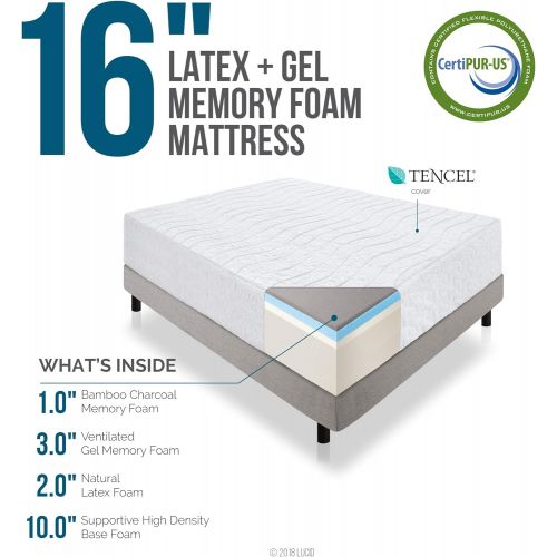  LUCID 16 Inch Plush Gel Memory Foam and Latex Four-Layer-Infused with Bamboo Charcoal Mattress, Twin