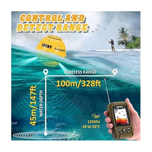  LUCKY Portable Sonar Fish Finder Boat Depth Fishing Fish Finders Waterproof Handheld Wireless Fishing Finder Kayak Transducer Depth Finders for Ice Fishing Sea