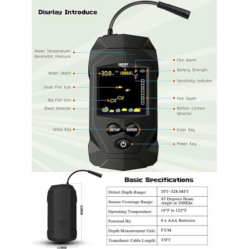  LUCKY Display Portable Fish Finder Sensor Wired Handheld Depth Finder Sonar Sea Kayak Fish Finders Transducer