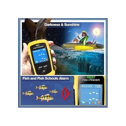  LUCKY Kayak Portable Fish Depth Finder Water Handheld Fish Finder Sonar Castable Kayak Boat Fishfinder Transducer Fishing LCD Display FFC1108