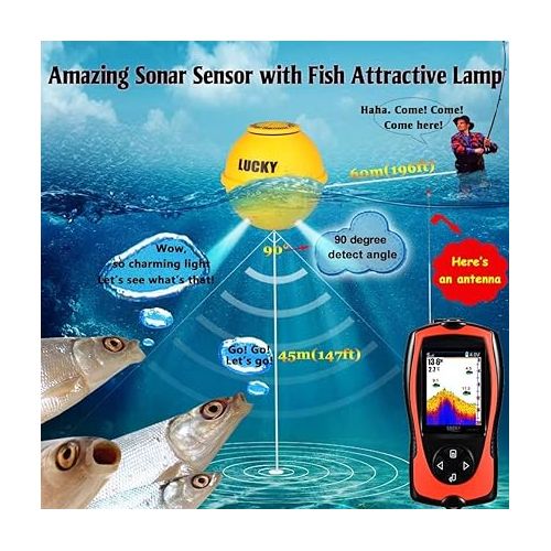  LUCKY Portable Fish Finder Transducer Sonar Sensor 147 Feet Water Depth Finder LCD Screen Echo Sounder Fishfinder with Fish Attractive Lamp for Ice Fishing Sea Fishing