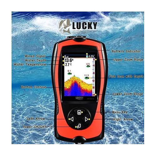  LUCKY Portable Fish Finder Transducer Sonar Sensor 147 Feet Water Depth Finder LCD Screen Echo Sounder Fishfinder with Fish Attractive Lamp for Ice Fishing Sea Fishing