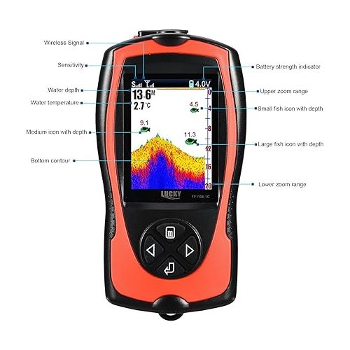  LUCKY Kayak Wireless Fish Finder,Portable Fish Depth Finder for Kayak Fishing Ice Fishing Sea Fishing,Chargable Handheld Depth Finder with Color LCD Screen,Waterproof Bank Fish Finders,1108-1C