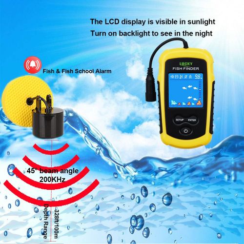 LUCKY Handheld Fish Finder Portable Fishing Kayak Fishfinder Fish Depth Finder Fishing Gear with Sonar Transducer and LCD Display