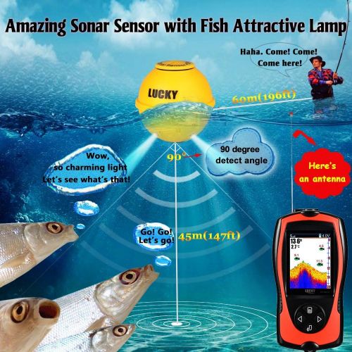  LUCKY Portable Fish Finder Transducer Sonar Sensor 147 Feet Water Depth Finder LCD Screen Echo Sounder Fishfinder with Fish Attractive Lamp for Ice Fishing Sea Fishing