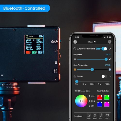  Lume Cube RGB Panel Pro Full Color Mountable LED Light for Professional DSLR Cameras Adjustable Color, Bluetooth Compatible, Intelligent LCD, Long Battery Life for Vlogging, Photog