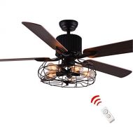 LUOLAX 52-Inch Industrial Semi Flush Mount Ceiling Fan Light Wood Blade Retro American Restaurant Home LED Fan Chandelier with Remote Control