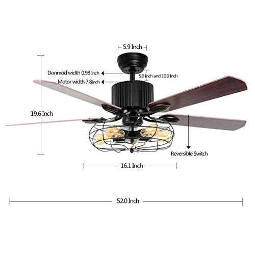  LUOLAX 52-Inch Industrial Semi Flush Mount Ceiling Fan Light Wood Blade Retro American Restaurant Home LED Fan Chandelier with Remote Control
