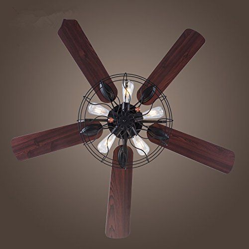  LUOLAX 52-Inch Industrial Semi Flush Mount Ceiling Fan Light Wood Blade Retro American Restaurant Home LED Fan Chandelier with Remote Control