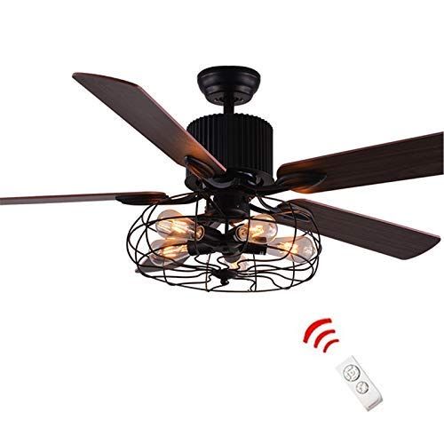  LUOLAX 52-Inch Industrial Semi Flush Mount Ceiling Fan Light Wood Blade Retro American Restaurant Home LED Fan Chandelier with Remote Control