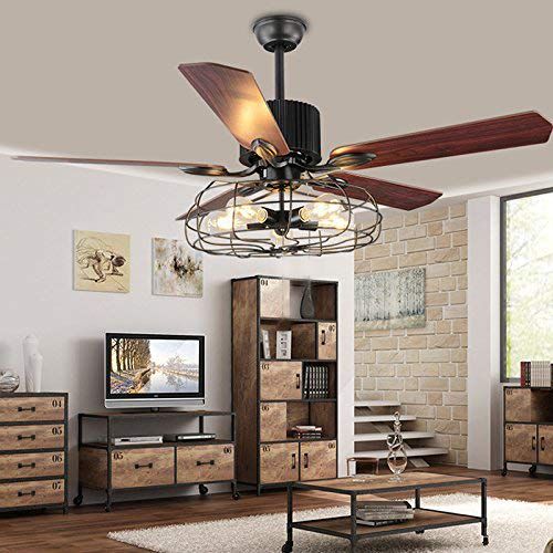  LUOLAX 52-Inch Industrial Semi Flush Mount Ceiling Fan Light Wood Blade Retro American Restaurant Home LED Fan Chandelier with Remote Control
