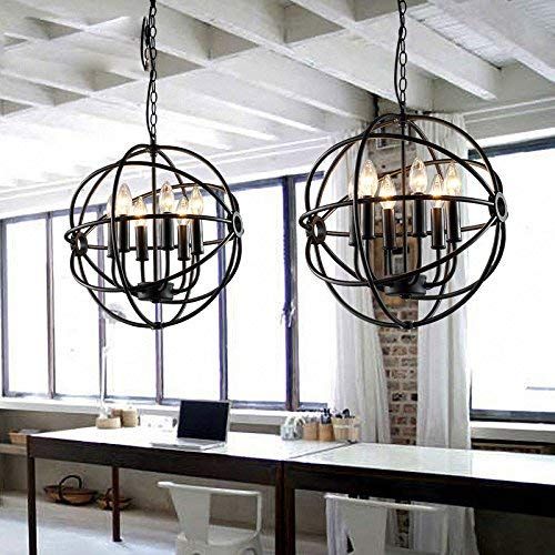  LUOLAX Industrial Vintage Retro LOFT Style Wrought Iron Metal Globe Cage Round Pendant Lamp Fixture Pendant Light Chandelier(6-Lights)