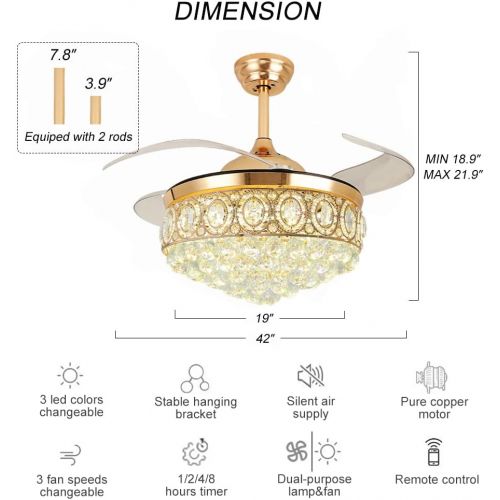  LUOLAX 42 Ceiling Fan with Lights Modern Remote 3 Gears Fan Speed 3 Led Colors Changeable Ceiling Fans Luxury Floral Crystal Hanging Light Fixture for Home Decoration, Silent Motor