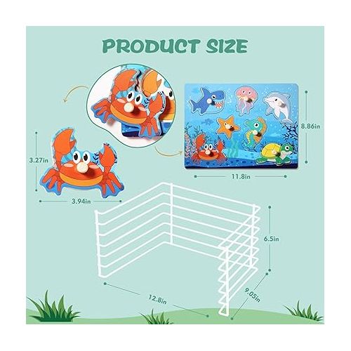  Wooden Puzzles for Toddlers 1-3, 6 Pack Peg Puzzles with Wire Puzzle Holder Rack for Kids, Learning Educational Puzzles for Baby Puzzles 12-18 Months, Savannah Ocean Animal Dinosaurs Montessori Toys