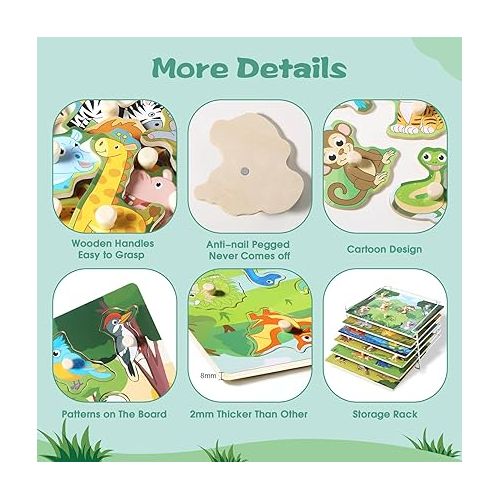  Wooden Puzzles for Toddlers 1-3, 6 Pack Peg Puzzles with Wire Puzzle Holder Rack for Kids, Learning Educational Puzzles for Baby Puzzles 12-18 Months, Savannah Ocean Animal Dinosaurs Montessori Toys