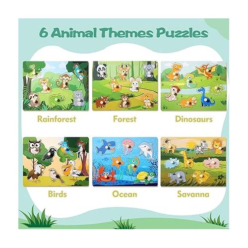  Wooden Puzzles for Toddlers 1-3, 6 Pack Peg Puzzles with Wire Puzzle Holder Rack for Kids, Learning Educational Puzzles for Baby Puzzles 12-18 Months, Savannah Ocean Animal Dinosaurs Montessori Toys