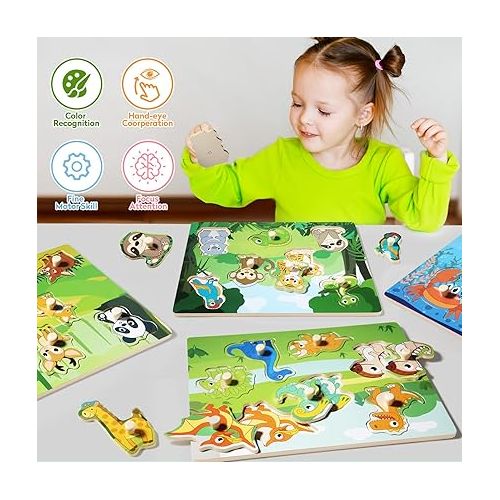  Wooden Puzzles for Toddlers 1-3, 6 Pack Peg Puzzles with Wire Puzzle Holder Rack for Kids, Learning Educational Puzzles for Baby Puzzles 12-18 Months, Savannah Ocean Animal Dinosaurs Montessori Toys