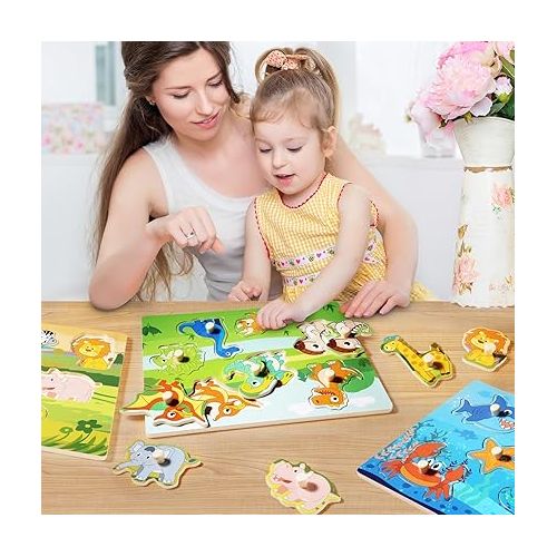  Wooden Puzzles for Toddlers 1-3, 6 Pack Peg Puzzles with Wire Puzzle Holder Rack for Kids, Learning Educational Puzzles for Baby Puzzles 12-18 Months, Savannah Ocean Animal Dinosaurs Montessori Toys