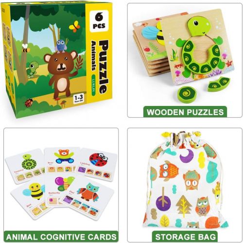  LURLIN Toddler Puzzles, Wooden Jigsaw Animals Puzzles for 1 2 3 Year Old Girls Boys Toddlers, Educational Preschool Toys Gifts for Colors & Shapes Cognition Skill Learning