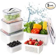 LUXEAR 5PCS Fruit Storage Containers For Fridge, Produce Vegetable Saver Container with Lid Colander Vent Handle, BPA-Free Refrigerator Microwave Dishwasher Safe, Keep Fruits Veggie Food Meat Fresh