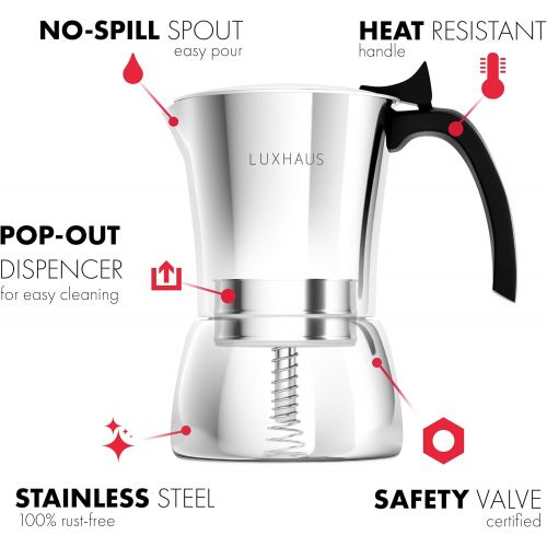  LuxHaus Stovetop Espresso Maker - 6 Cup Moka Pot Coffee Maker - 100% Stainless Steel