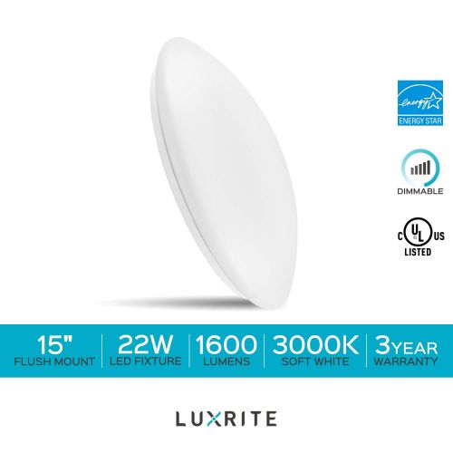  LUXRITE Luxrite 15 Inch LED Flush Mount Ceiling Light, 22W, 1600 Lumens, 3000K Soft White Dimmable, Modern Ceiling Light Fixture, Energy Star & UL Listed, Damp Location Rated