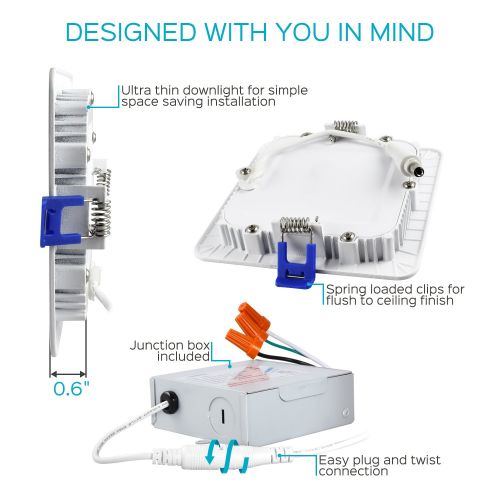  LUXRITE Luxrite 4 Inch Square Ultra Thin LED Recessed Light with Junction Box, 10W, 5000K Bright White Dimmable, 650 Lumens, Slim Recessed Ceiling Light, IC Rated Airtight, Energy Star & E