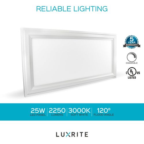  LUXRITE Luxrite 1x2 FT LED Panel Light Fixture, Ultra Thin Edge Lit 25W, 3000K Soft White, 2250 Lumens, Dimmable, Flushmount Surface Mount LED 12x24 Inch Drop Ceiling Light Panel, UL Liste