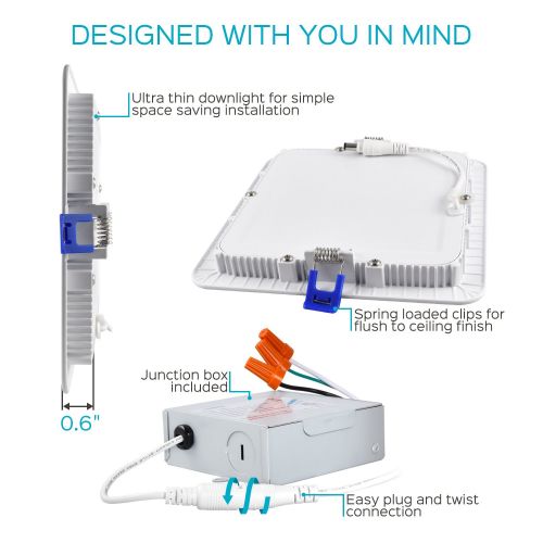  LUXRITE Luxrite 6 Inch Square Ultra Thin LED Recessed Light with Junction Box, 12W, 5000K Bright White Dimmable, 850 Lumens, Slim Recessed Ceiling Light, IC Rated Airtight, ETL Listed (4-P