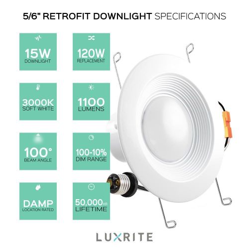  LUXRITE Pack of 4 Luxrite 5/6 Inch LED Recessed Light Kit, 15W (120W Equivalent), 3000K Soft White, Black Trim Included, Energy Star, 1100LM, Retrofit LED Downlight, Dimmable, UL Listed, E