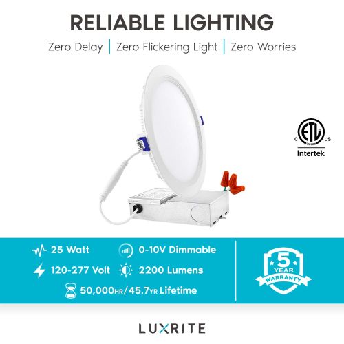  LUXRITE Luxrite 8 Inch Ultra Thin LED Recessed Light with Junction Box, 25W, 2700K Warm White, 2200 Lumens, 0-10V Dimmable, Slim Recessed Ceiling Light, IC & Damp Rated, ETL Listed