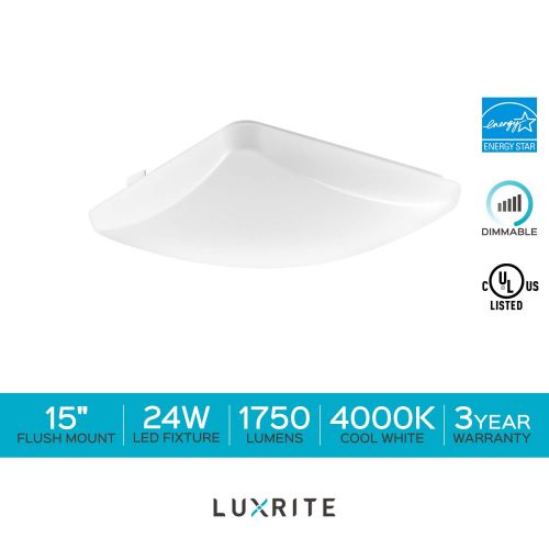  LUXRITE Luxrite 15 Inch Square LED Flush Mount Ceiling Light, 24W, 1750 Lumens, 4000K Cool White Dimmable, Modern Ceiling Light Fixture, Energy Star & UL Listed, Damp Location Rated (2-Pac