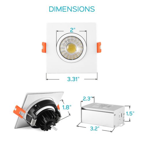  LUXRITE Luxrite 3 Inch Gimbal LED Square Recessed Light with Junction Box, 8W, 3000K Soft White, 600 Lumens, Dimmable Downlight, Energy Star & IC Rated, Damp Location - Adjustable Recessed