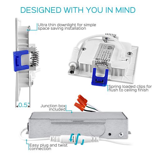  LUXRITE Luxrite 3 Inch Square Ultra Thin LED Recessed Light with Junction Box, 7W, 5000K Bright White Dimmable, 450 Lumens, Slim Recessed Ceiling Light, IC Rated Airtight, Damp Rated & ETL