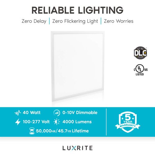  LUXRITE Luxrite 2x2 LED Panel Light, 40W, 5000K Bright White, 4000 Lumens, 0-10V Dimmable Edge-Lit Drop Ceiling Light, 100-277V, Damp Rated, DLC and UL Listed (2-Pack)