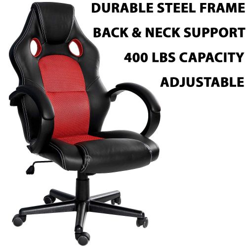  LVR Supply 400LB Racing Style Leather Gaming Chair | Heavy-Duty Ergonomic Swivel Computer, Office or Gaming Chair, Red (Back and Neck Support)