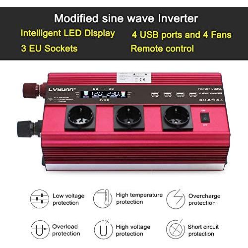  [아마존베스트]-Service-Informationen Power Inverter 2500 W / 5000 W Peak 12 V 230 V Voltage Converter Remote Control LCD 4 USB