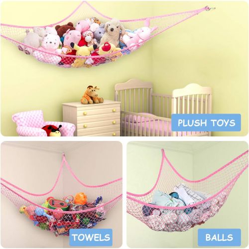  [아마존베스트]Stuffed Animal Hammock, Toy Hammock Net, LXUNYI Wall Corner Mesh Toy Net Giant Baby Kids Children Stuff animals Hammocks Storage Hanging Net Organizer (Pink)