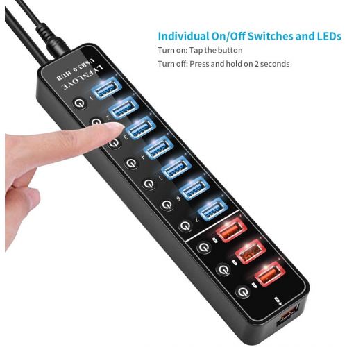  LYFNLOVE Powered USB Hub,11 Port 48W Data Charging Hub with 7 USB 3.0 Ports and 4 Smart Charging Ports,USB 3.0 Splitter with OnOff Switches for Laptop,PC, Computer,TV, HDD, Flash
