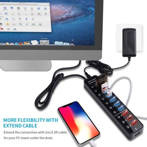  LYFNLOVE Powered USB Hub,11 Port 48W Data Charging Hub with 7 USB 3.0 Ports and 4 Smart Charging Ports,USB 3.0 Splitter with OnOff Switches for Laptop,PC, Computer,TV, HDD, Flash