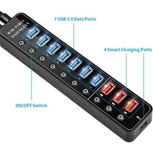  LYFNLOVE Powered USB Hub,11 Port 48W Data Charging Hub with 7 USB 3.0 Ports and 4 Smart Charging Ports,USB 3.0 Splitter with OnOff Switches for Laptop,PC, Computer,TV, HDD, Flash