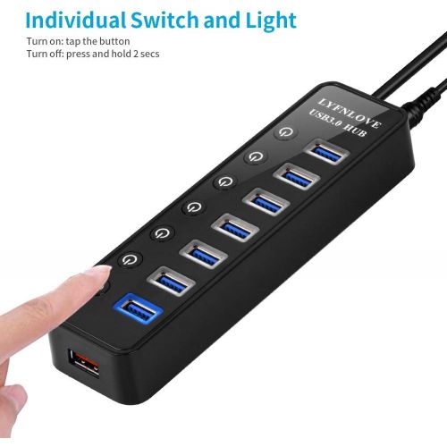  LYFNLOVE USB Hub 3.0 Splitter,7 Port USB Data Hub with Power Adapter and Charging Port,Individual OnOff Switches and Lights for Laptop, PC, Computer, Mobile HDD, Flash Drive and M