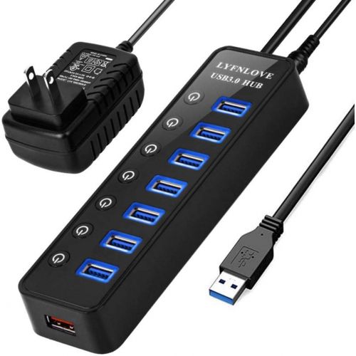  LYFNLOVE USB Hub 3.0 Splitter,7 Port USB Data Hub with Power Adapter and Charging Port,Individual OnOff Switches and Lights for Laptop, PC, Computer, Mobile HDD, Flash Drive and M