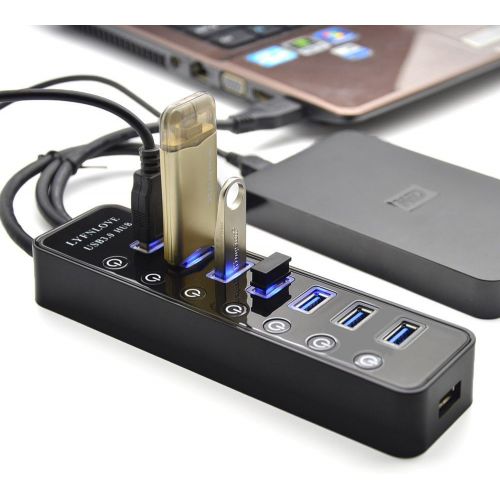  LYFNLOVE USB Hub 3.0 Splitter,7 Port USB Data Hub with Power Adapter and Charging Port,Individual OnOff Switches and Lights for Laptop, PC, Computer, Mobile HDD, Flash Drive and M