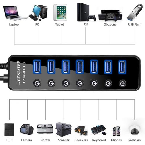  LYFNLOVE USB Hub 3.0 Splitter,7 Port USB Data Hub with Power Adapter and Charging Port,Individual OnOff Switches and Lights for Laptop, PC, Computer, Mobile HDD, Flash Drive and M